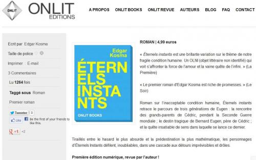 Les Éditions ON LIT annoncent la version numérique de _Éternels instants_ d'Edgar Kosma, 2012