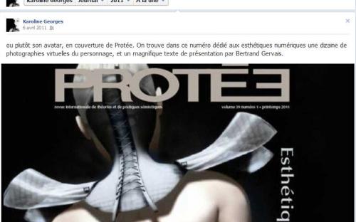Karoline Georges sur Facebook annonce l'article dans Protée, avril 2011
