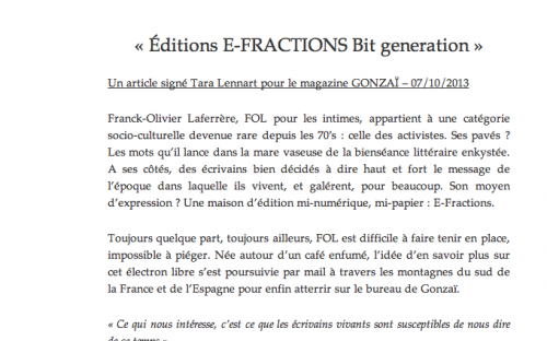 Première page du site de Franck-Olivier Laferrère, E-Franctions Editions.