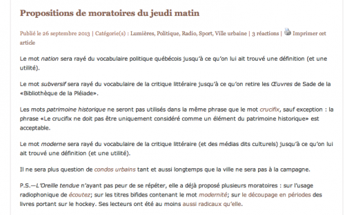 «Propositions de moratoires du jeudi matin», 26 septembre 2013, site L’Oreille tendue.