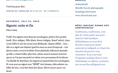 Première page de son ancien site, Les chroniques d’une Mère Indigne.