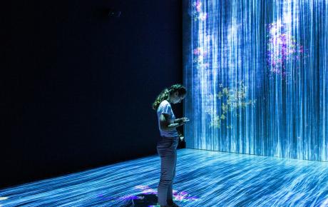 A woman stands in the middle of a larger-than-life neural net. Photo credit Mahdis Mousavi