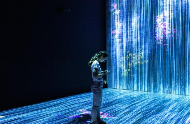 A woman stands in the middle of a larger-than-life neural net. Photo credit Mahdis Mousavi